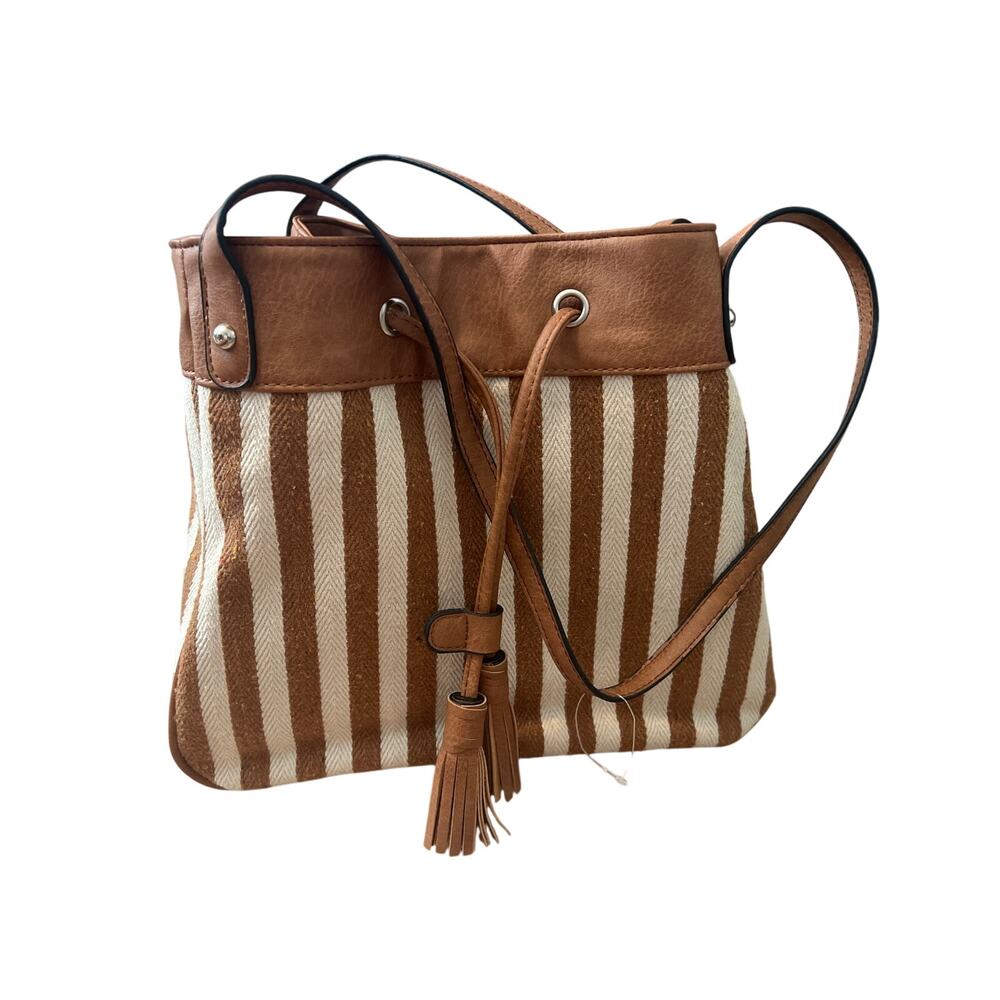 Bueno Tan Cream Striped Boho Drawstring Purse Bag Tassel